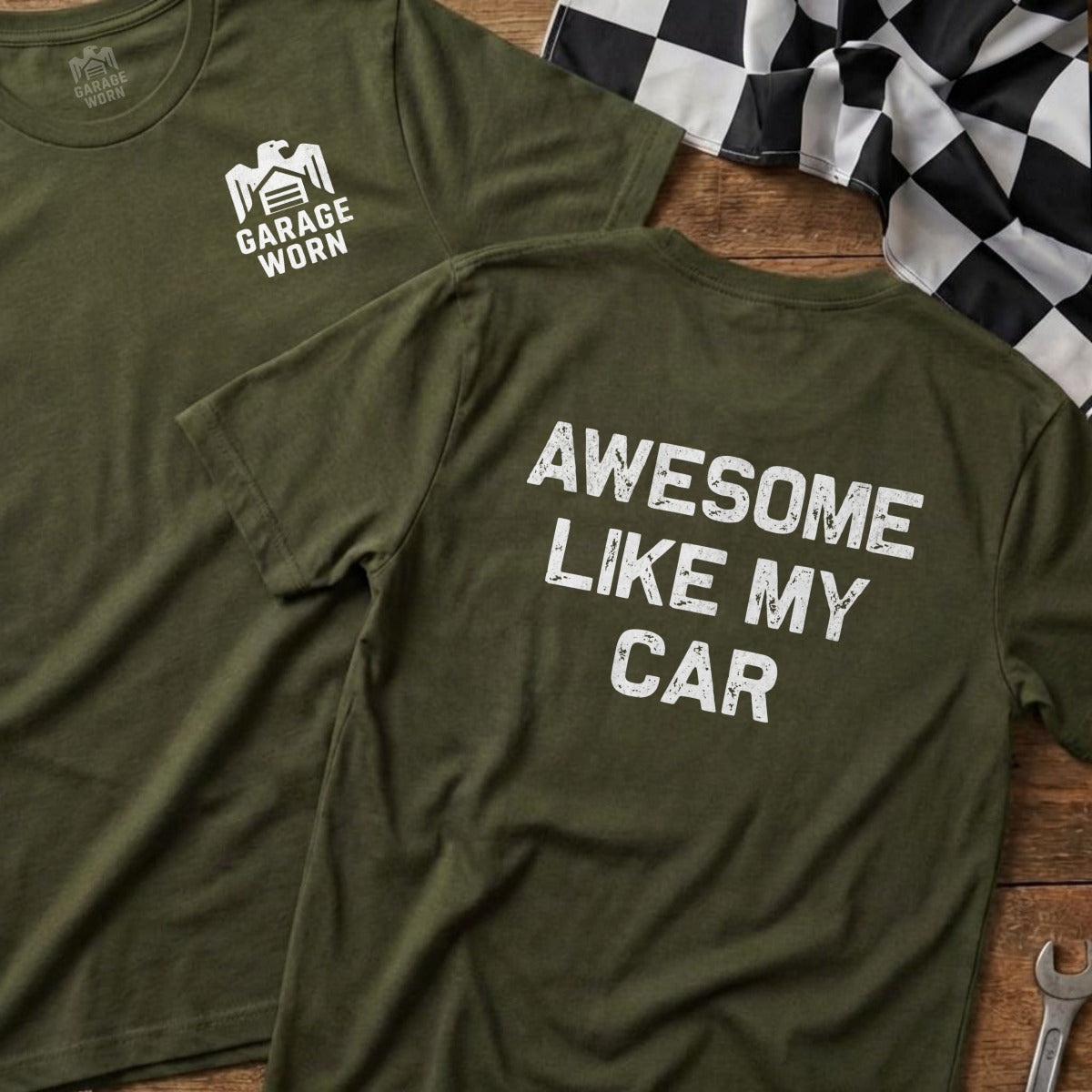 Olive green t-shirts with "Awesome Like My Car" text and racing flag.