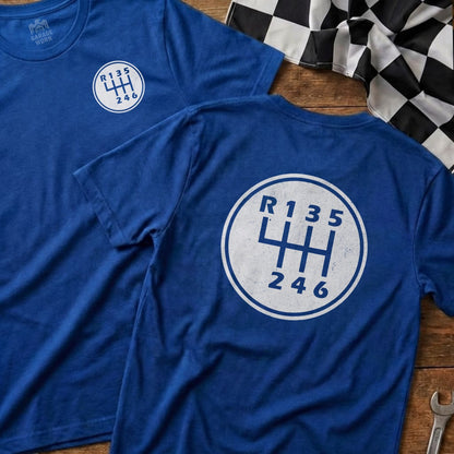 Blue t-shirt featuring a white gear shift pattern with "R135 246" text.