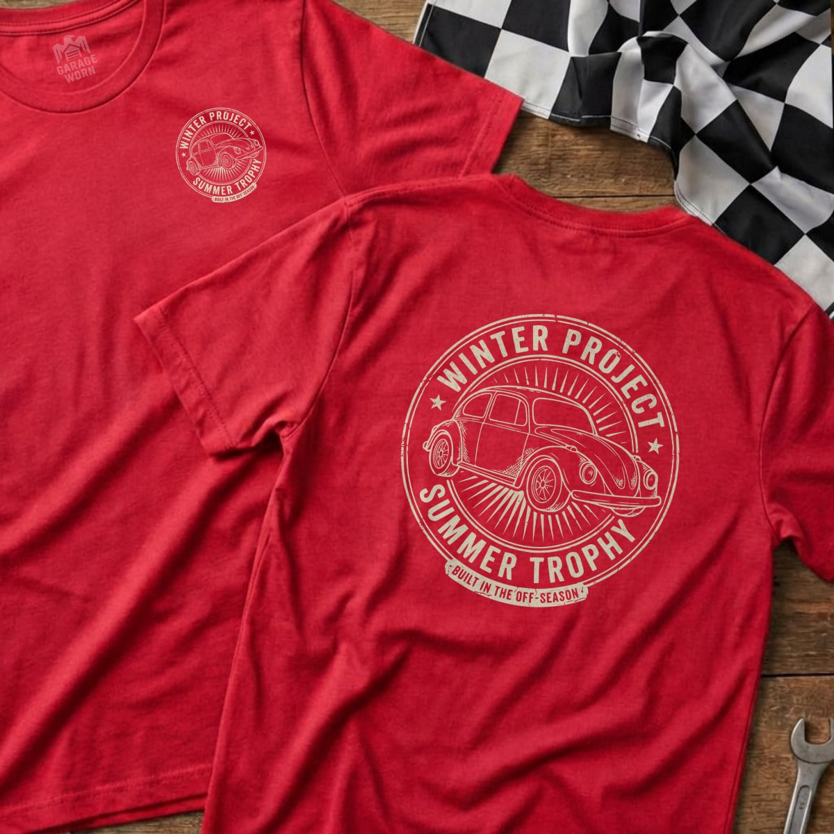 Red t-shirts featuring "Winter Project Summer Trophy" graphic with a vintage car.