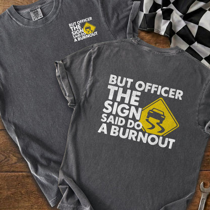 Dark gray t-shirts with white text and a slippery road sign graphic.