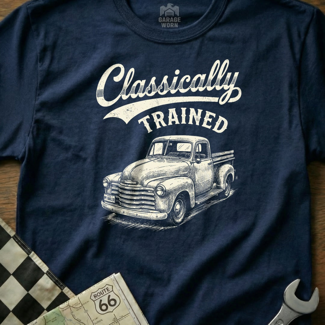 Navy t-shirt with "Classically Trained" text above a vintage pickup truck illustration.