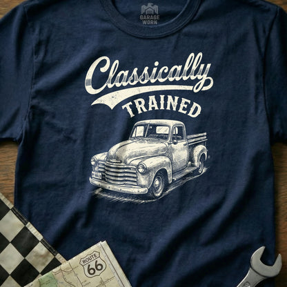 Navy t-shirt with "Classically Trained" text above a vintage pickup truck illustration.