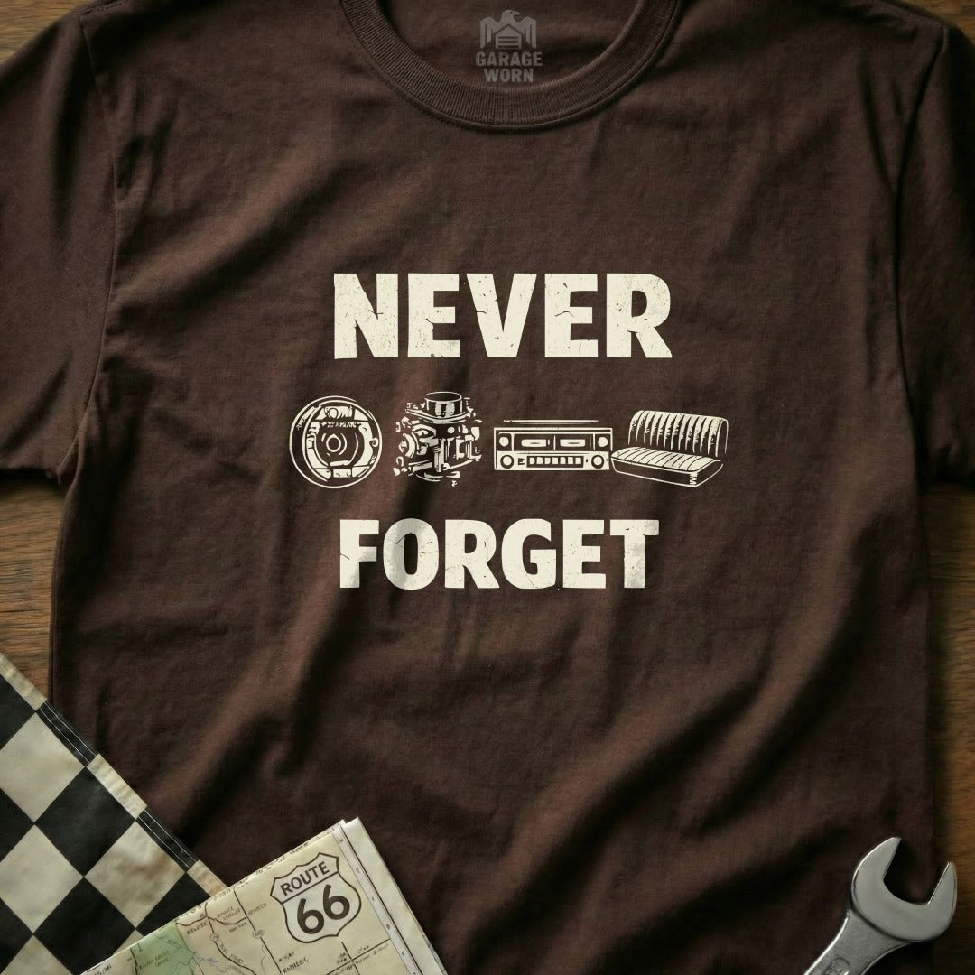 Brown t-shirt with "NEVER FORGET" and car parts graphic.