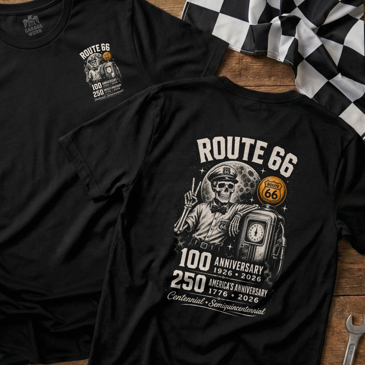 Route 66 t-shirt with skeleton, gas pump, moon and anniversary text.