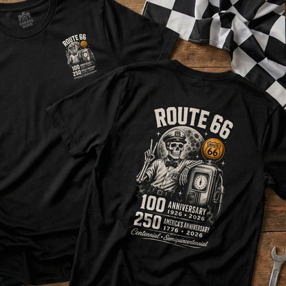 Route 66 t-shirt with skeleton, gas pump, moon and anniversary text.