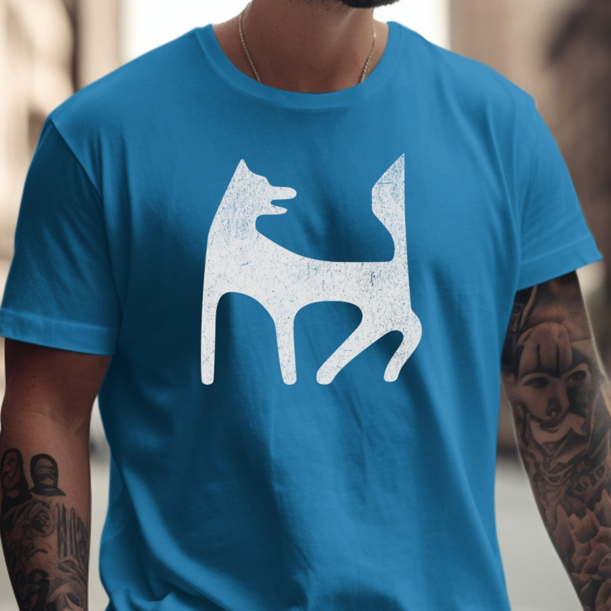 Unique Blue T-Shirt with Abstract White Dog Design product