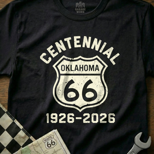 Black t-shirt with Centennial Oklahoma Route 66 1926-2026 logo.