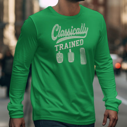 Green long sleeve shirt with "Classically TRAINED" text and three pedal icons.
