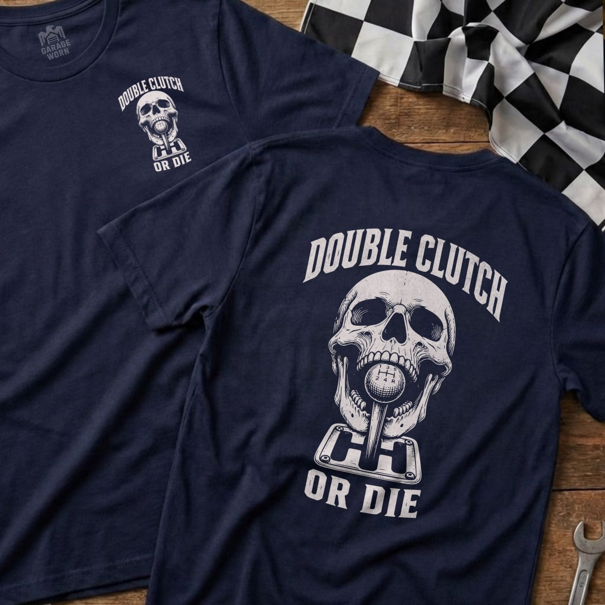 Navy t-shirt with "Double Clutch Or Die" and skull graphic.