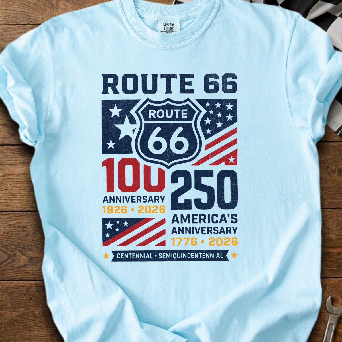 Light blue t-shirt with Route 66 Centennial and America's anniversary graphic.