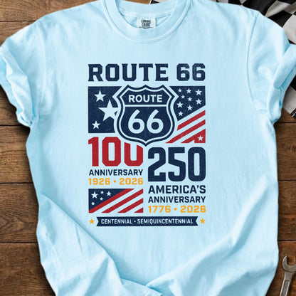 Light blue t-shirt with Route 66 Centennial and America's anniversary graphic.