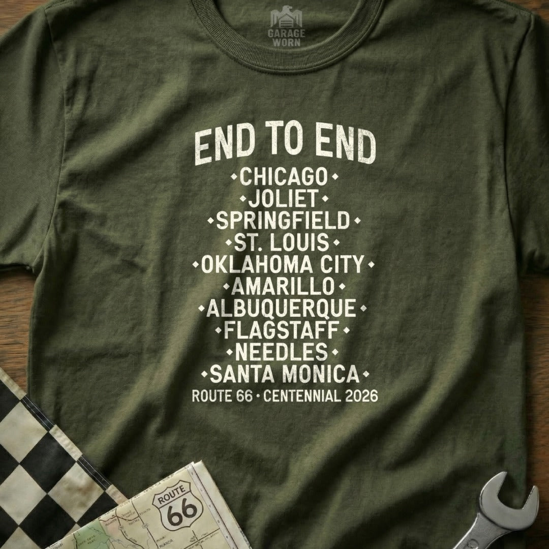 Olive green t-shirt listing Route 66 cities and "Centennial 2026".