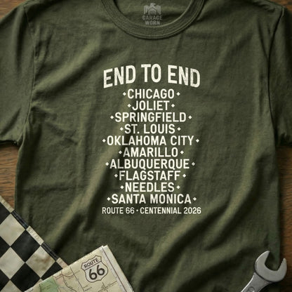 Olive green t-shirt listing Route 66 cities and "Centennial 2026".