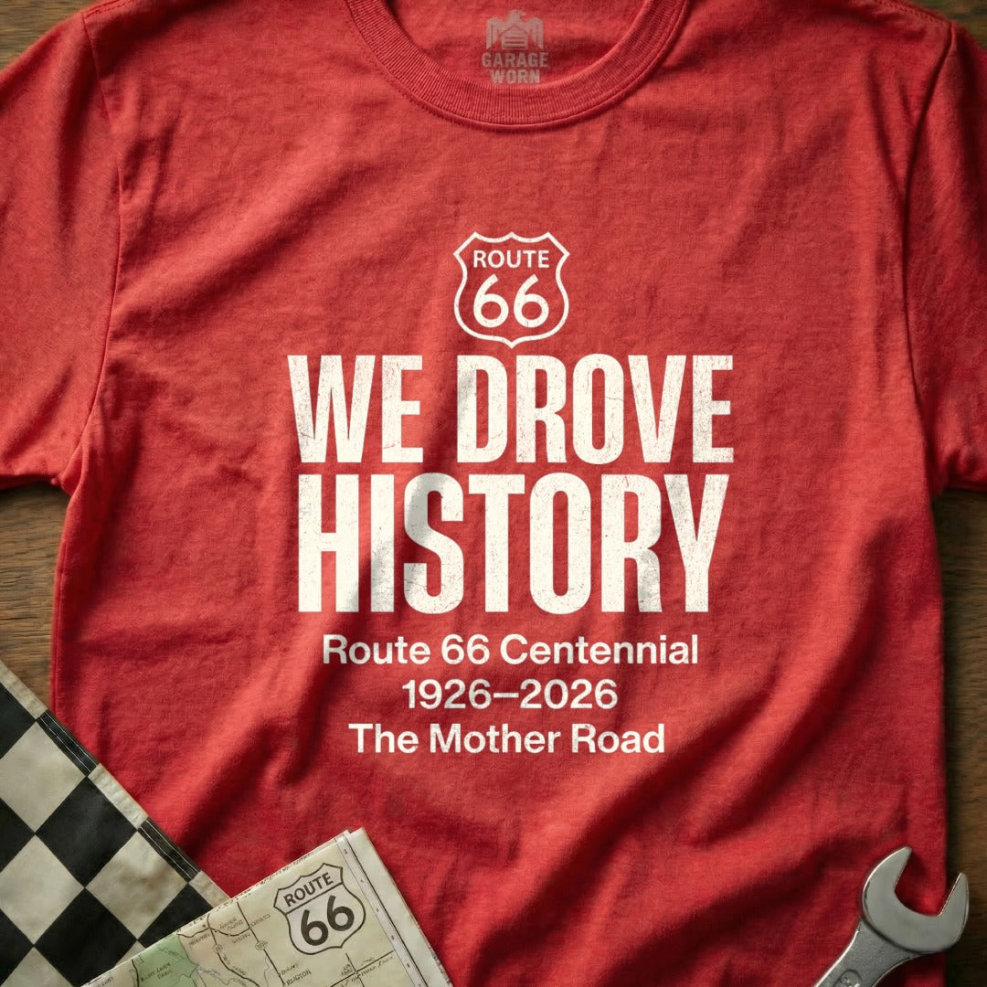 Red t-shirt with "Route 66 We Drove History" and centennial details.