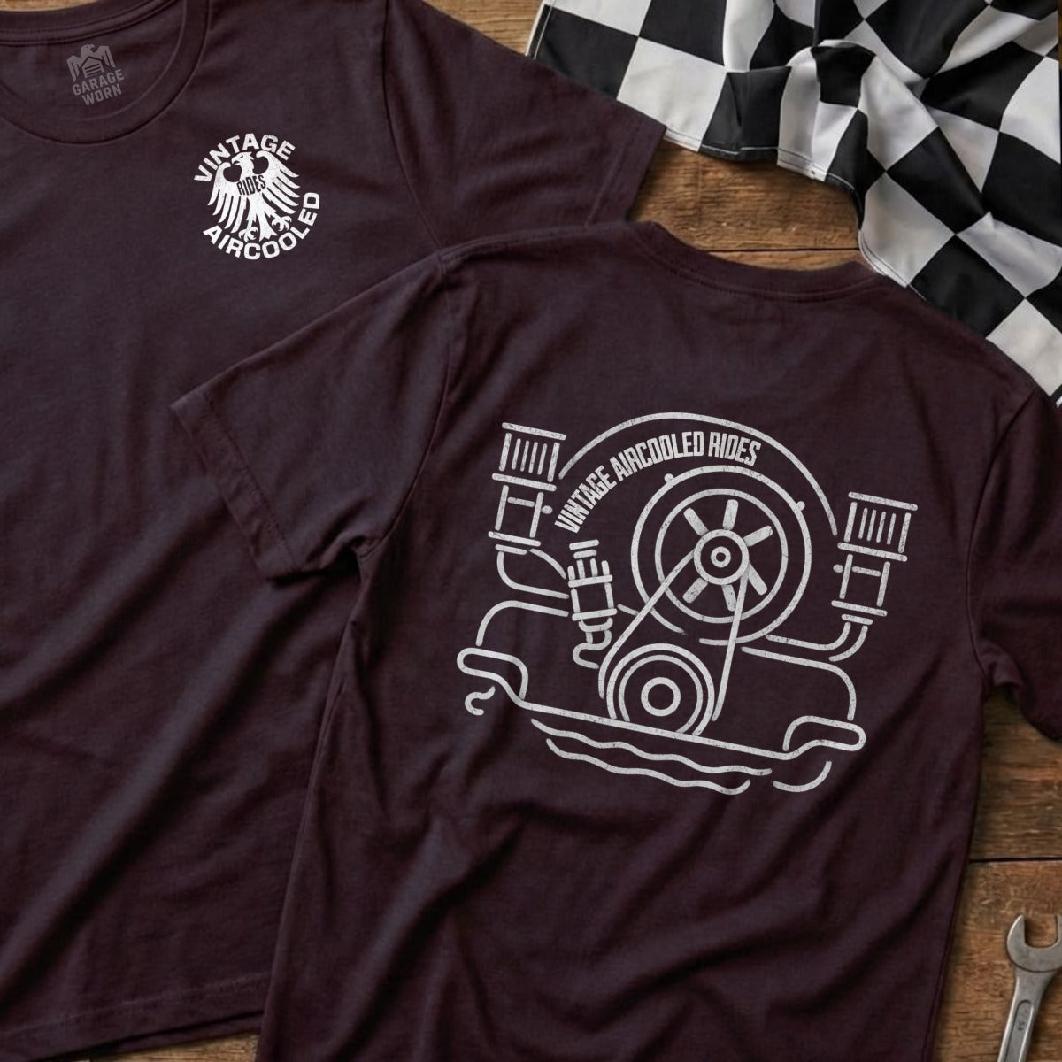 Burgundy t-shirt with white vintage air-cooled engine graphic and text.