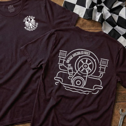 Burgundy t-shirt with white vintage air-cooled engine graphic and text.