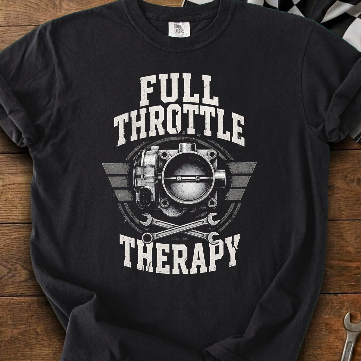 Black t-shirt with "Full Throttle Therapy" text and a throttle body graphic.