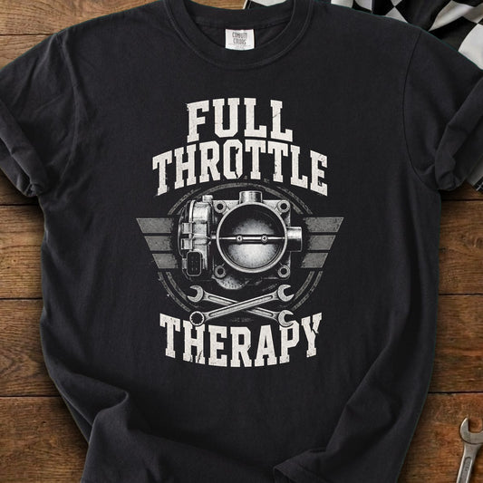 Black t-shirt with "Full Throttle Therapy" text and a throttle body graphic.