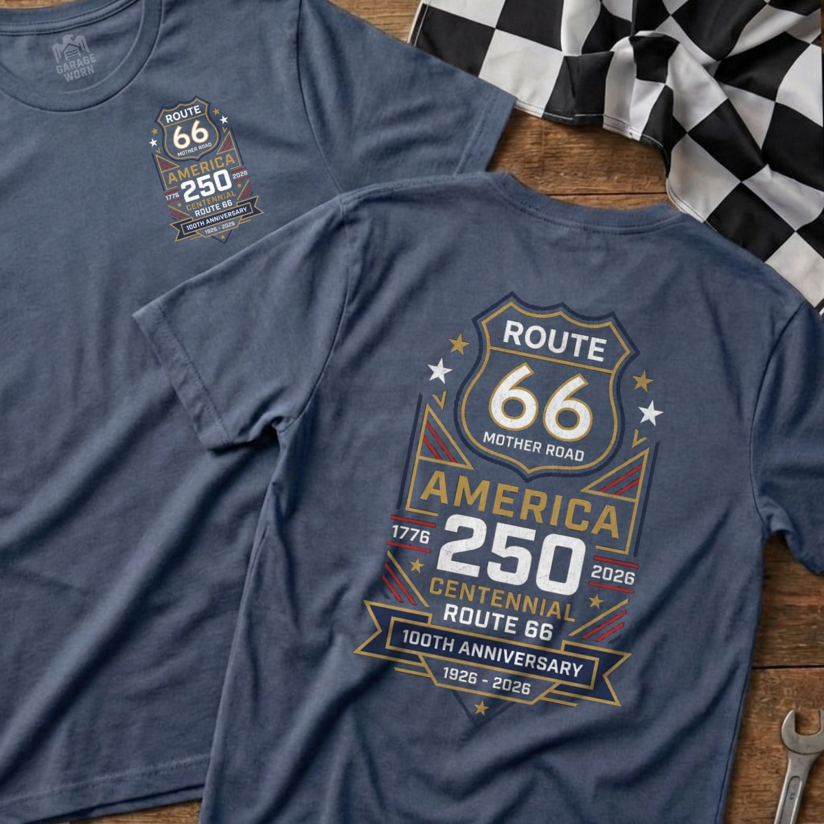 Route 66 Centennial 100th Anniversary t-shirt with "Mother Road America" text.