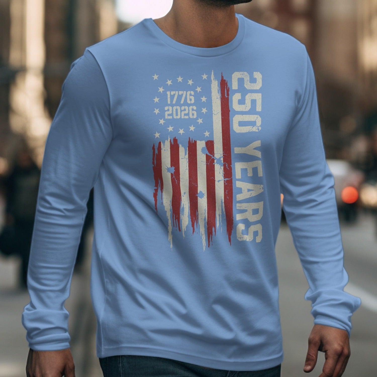 Light blue long sleeve shirt with distressed American flag and "250 Years 1776 2026".