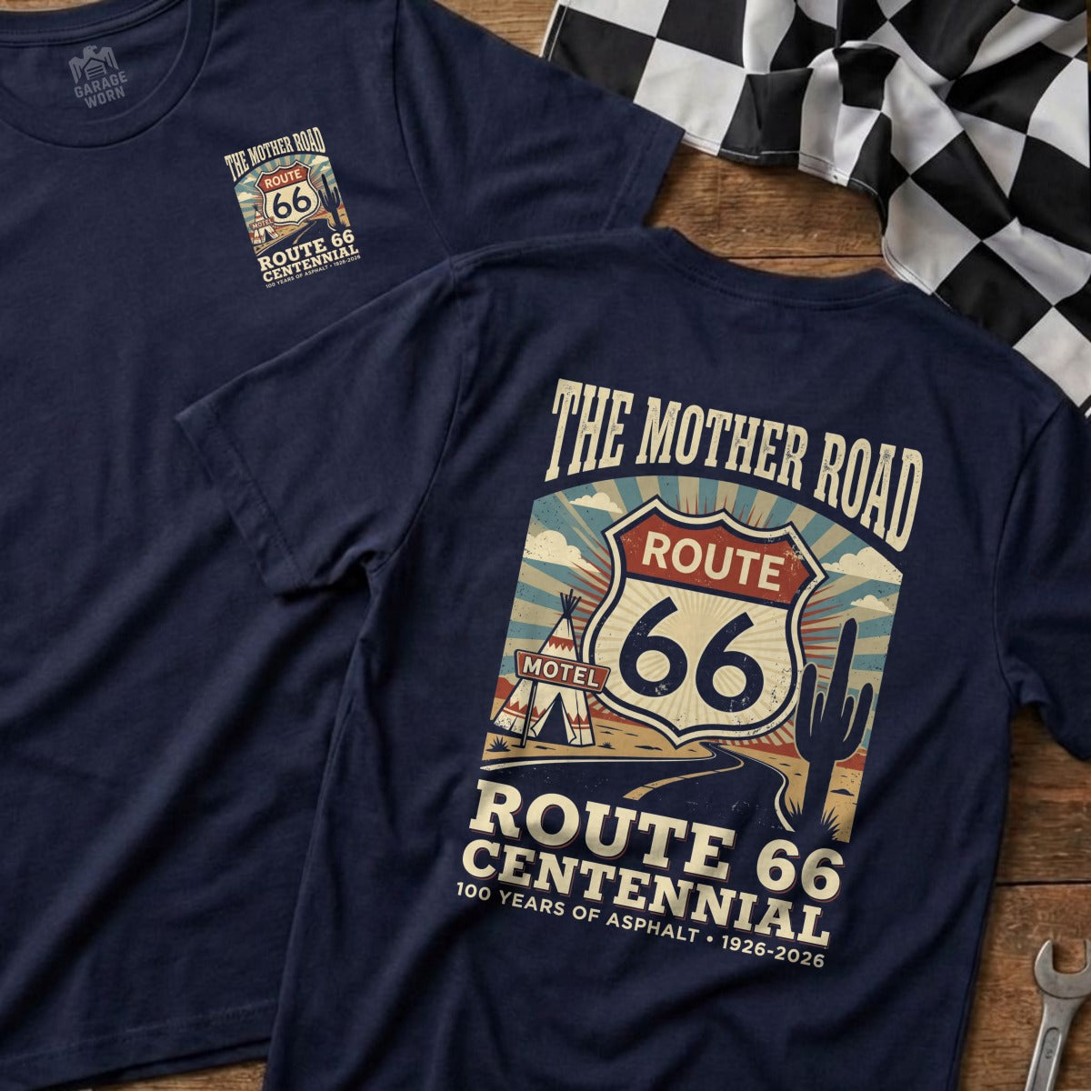 Navy t-shirt with Route 66 Centennial graphic featuring desert landscape and motel.