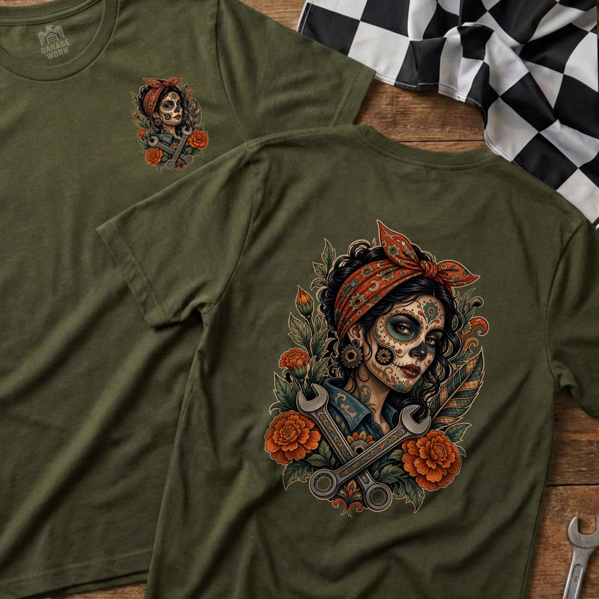 Olive green t-shirt with sugar skull woman graphic and wrenches.