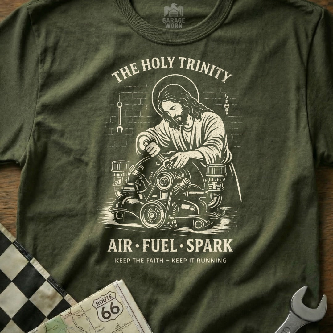 Olive t-shirt with Jesus working on an engine, text "The Holy Trinity Air Fuel Spark"