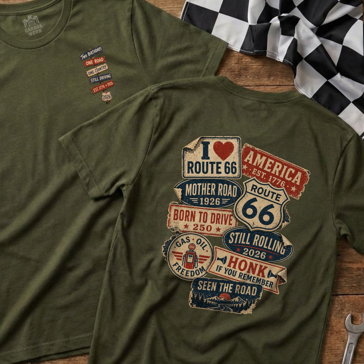 Olive green t-shirts with patriotic Route 66 and birthday graphics.