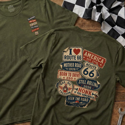 Olive green t-shirts with patriotic Route 66 and birthday graphics.