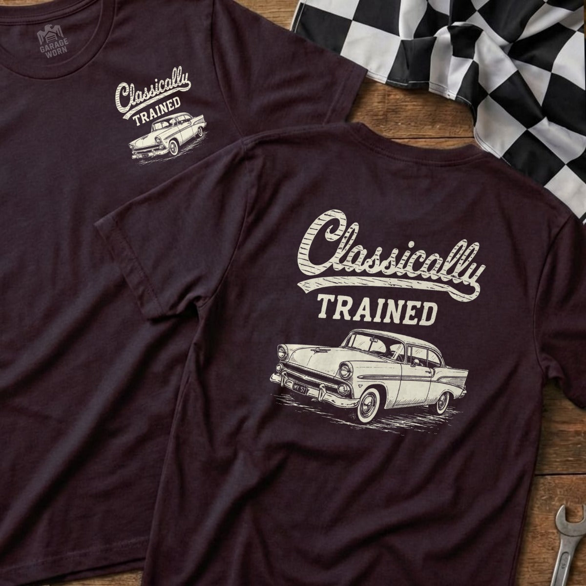 T-shirts with "Classically Trained" text and vintage car graphic.