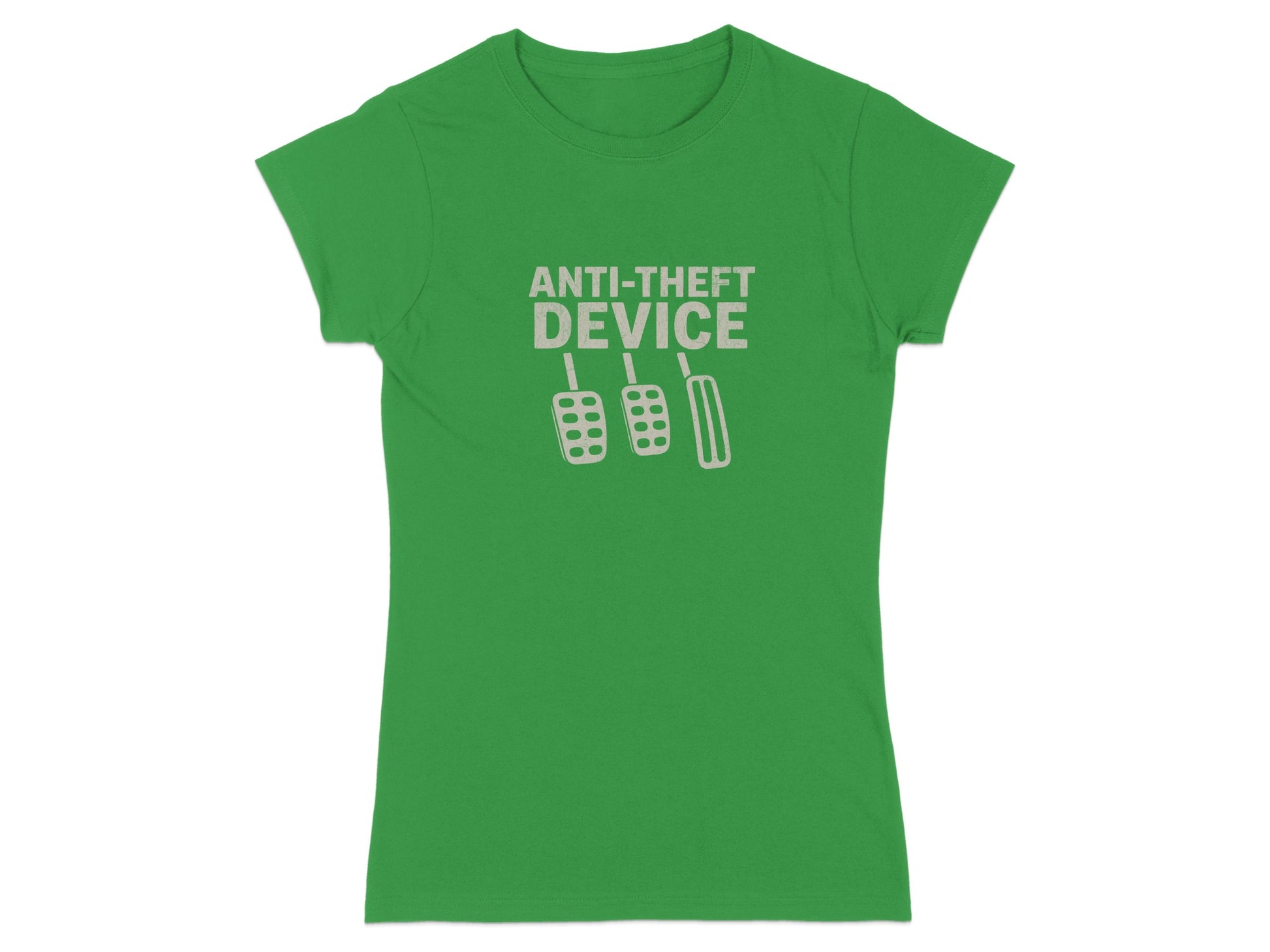 Green t-shirt with "ANTI-THEFT DEVICE" and three pedal graphics.