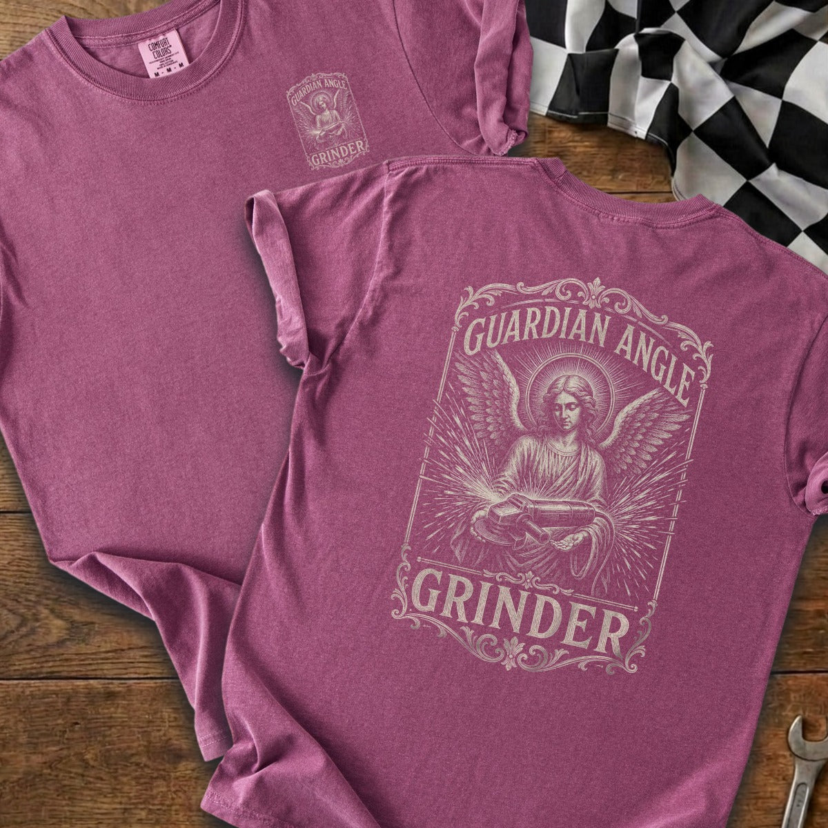 Berry-colored t-shirt with "GUARDIAN ANGLE GRINDER" design and angelic graphic.
