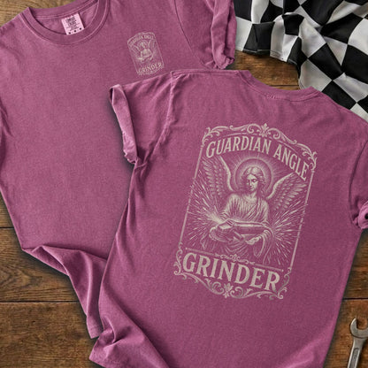 Berry-colored t-shirt with "GUARDIAN ANGLE GRINDER" design and angelic graphic.