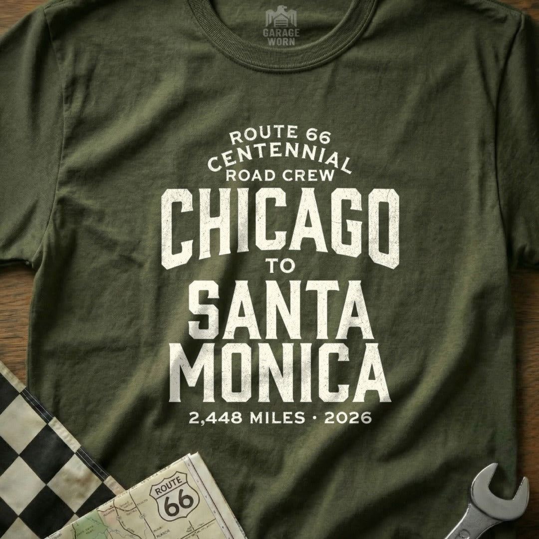 Olive green t-shirt with "Chicago to Santa Monica" Route 66 Centennial Road Crew text.