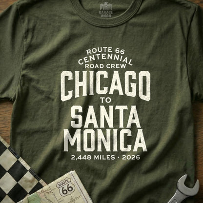 Olive green t-shirt with "Chicago to Santa Monica" Route 66 Centennial Road Crew text.
