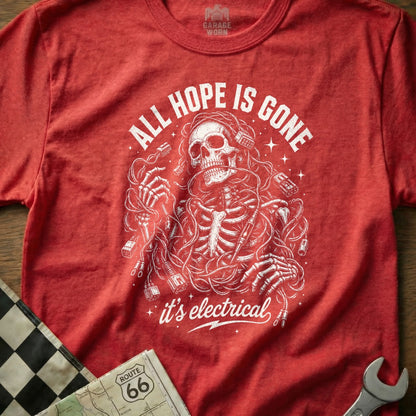 Red t-shirt with skeleton graphic and text "ALL HOPE IS GONE it's electrical".