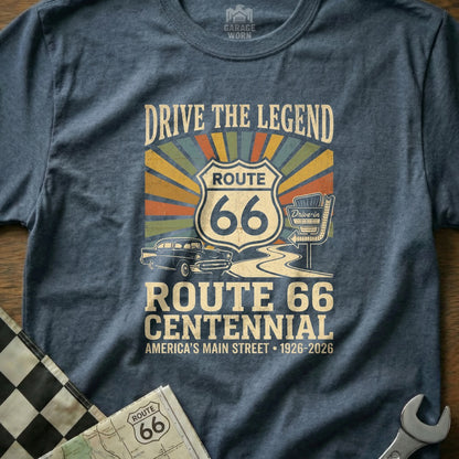 Route 66 Centennial t-shirt with vintage car and drive-in theater graphic.