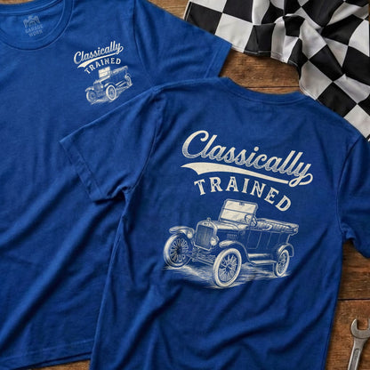 Blue t-shirts with "Classically Trained" text and vintage car illustration.