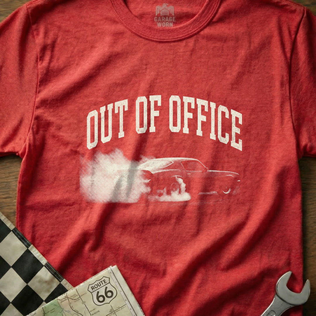 Red t-shirt with "OUT OF OFFICE" text and a car doing a burnout.