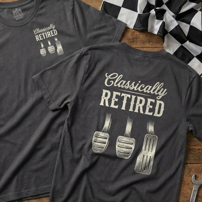 Charcoal t-shirt with "Classically Retired" and three pedals graphic.