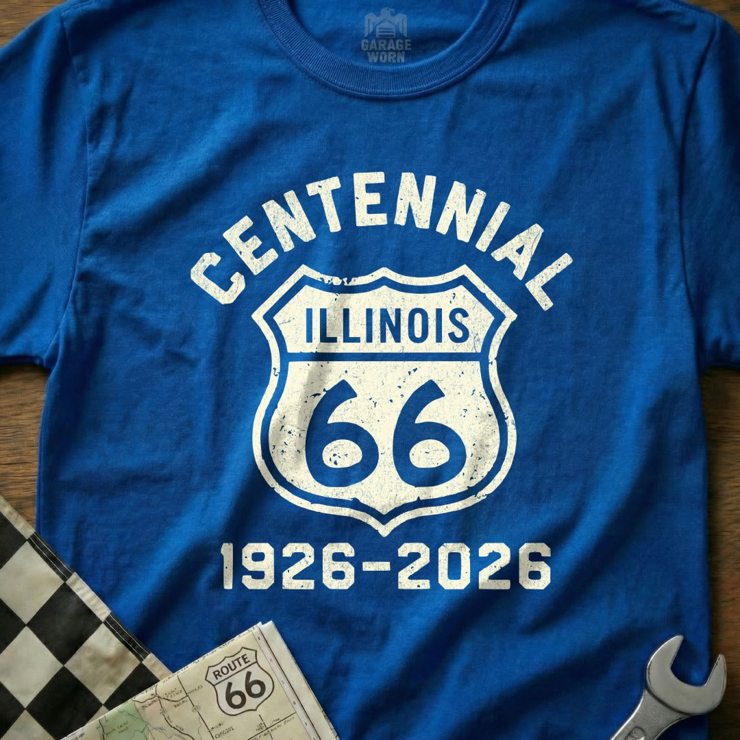 Blue t-shirt with "Centennial Illinois 66 1926-2026" text and Route 66 shield.