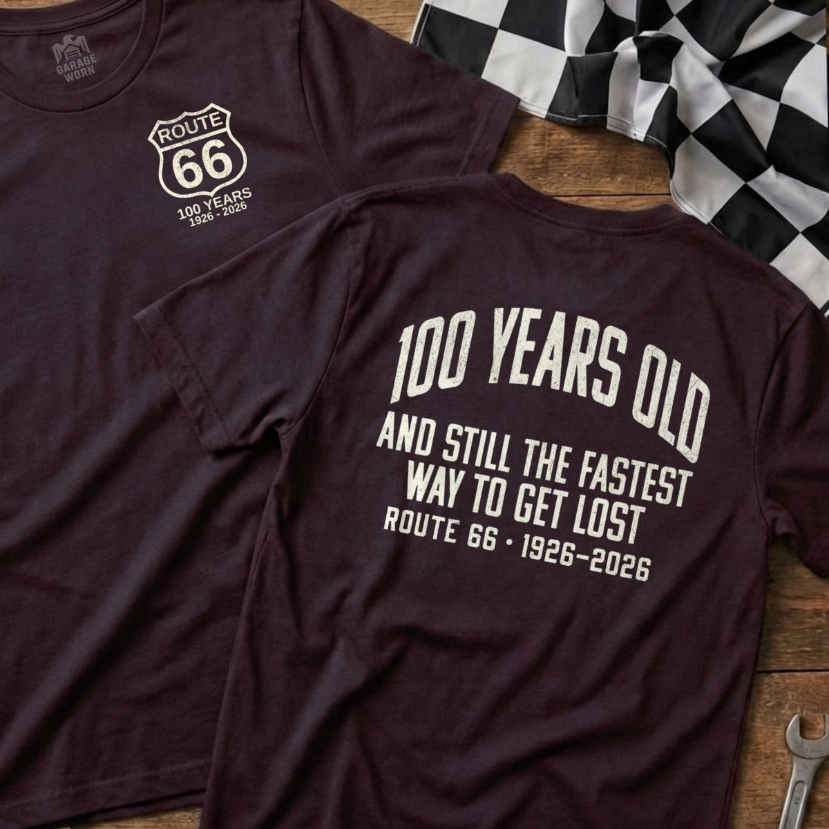 Route 66 100 Years Old 1926-2026 graphic on maroon t-shirt.