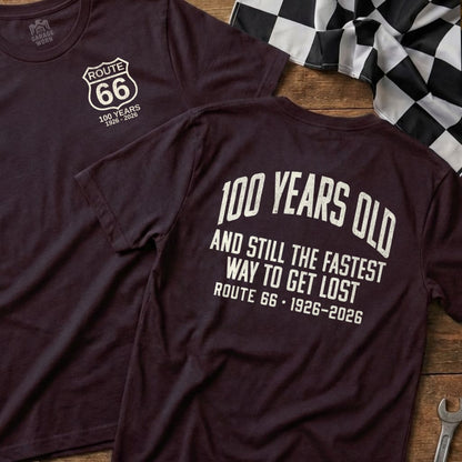 Route 66 100 Years Old 1926-2026 graphic on maroon t-shirt.
