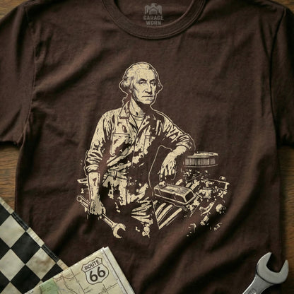 George Washington in work clothes leans on an engine holding a wrench.