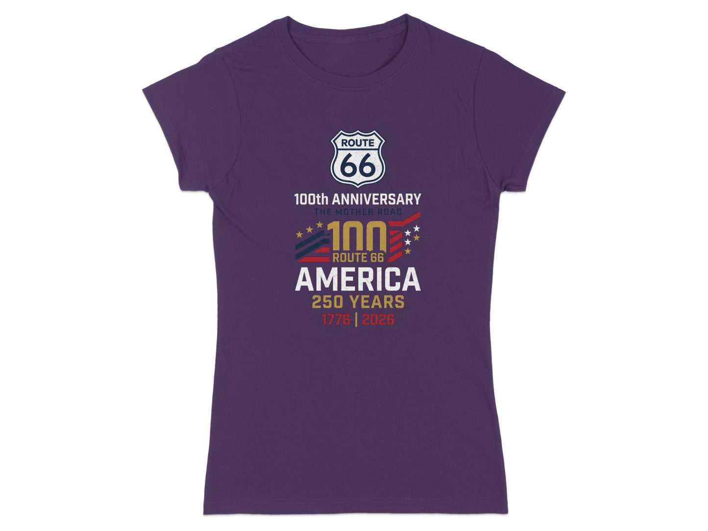 Purple t-shirt with Route 66 100th Anniversary and 250 Years graphics.