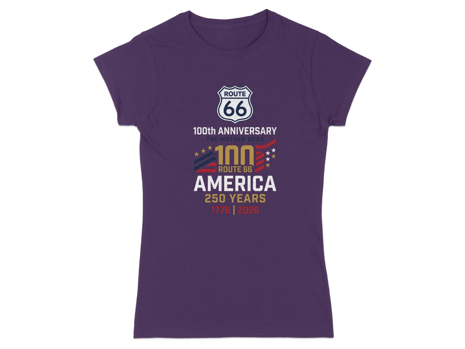 Purple t-shirt with Route 66 100th Anniversary and 250 Years graphics.
