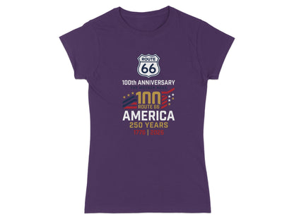 Purple t-shirt with Route 66 100th Anniversary and 250 Years graphics.