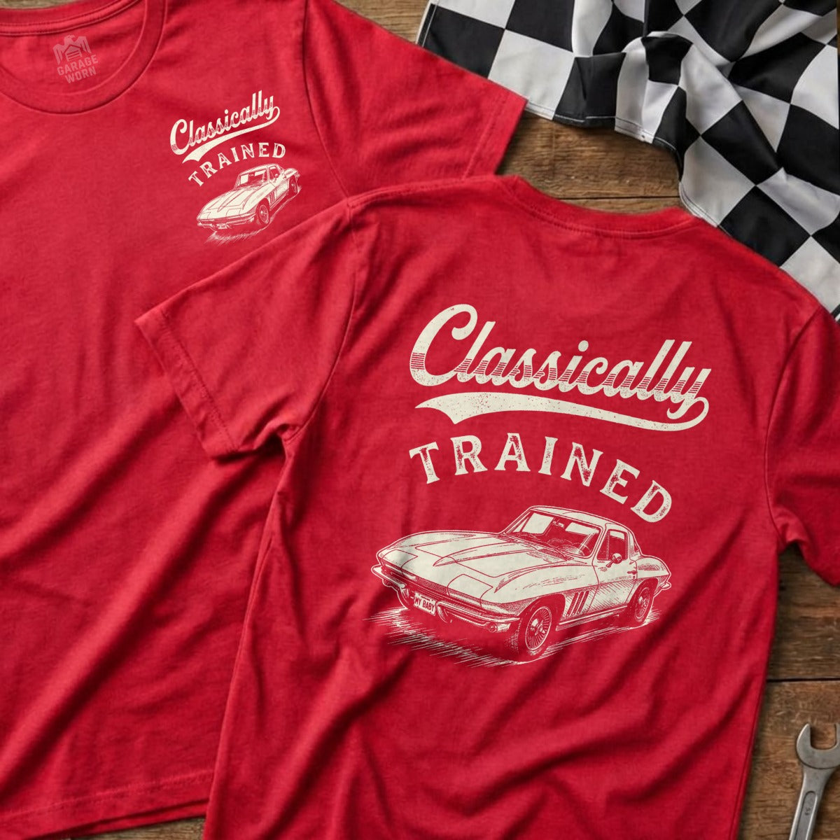 Red t-shirts with "Classically Trained" text and a vintage car graphic.
