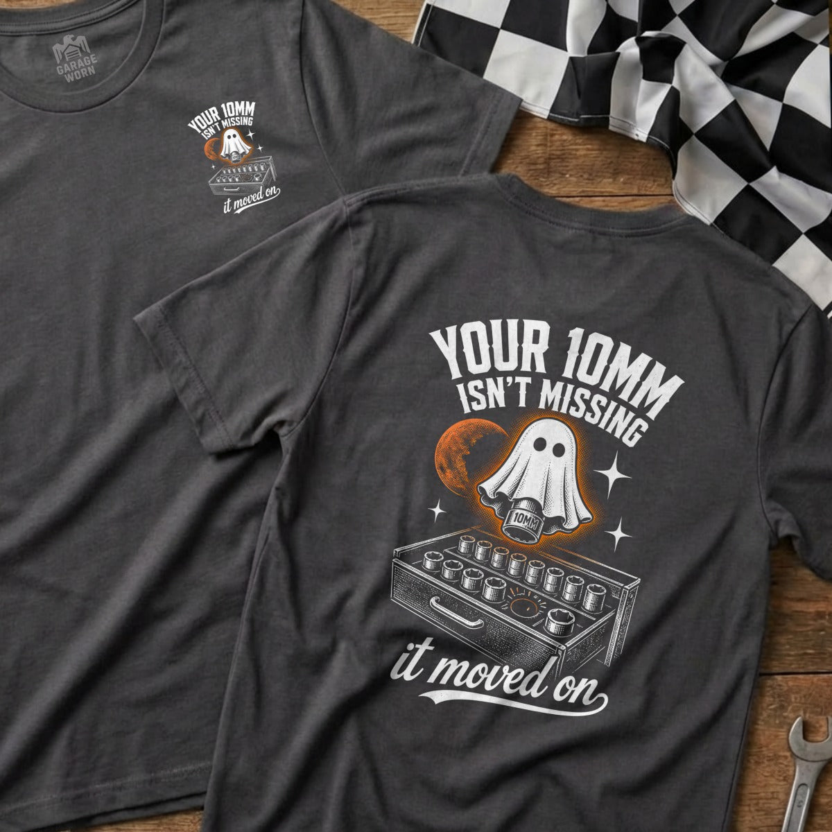 Dark grey t-shirt with "Your 10MM Isn't Missing It Moved On" graphic.