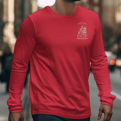 Red long-sleeve shirt with "The Holy Trinity" graphic and engine parts.